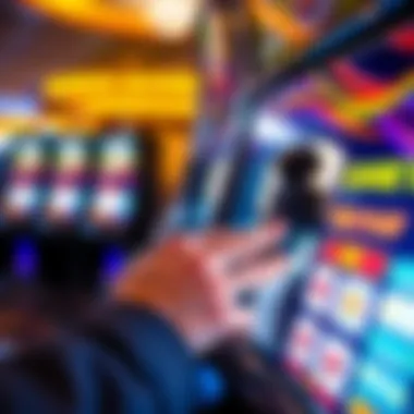 Close-up of a player's hand on a slot machine with free play credits