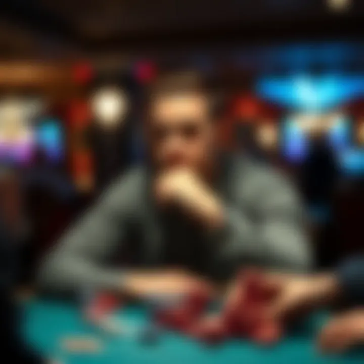 Contemplating Chip Management Strategies A player contemplating their chip management strategy in a Texas Hold 'Em game.