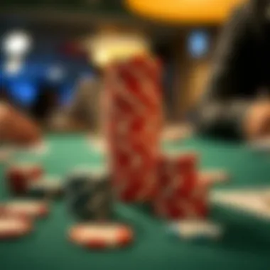 Strategic Chip Stacking in Gameplay An arrangement of poker chips stacked strategically on a table during a game.