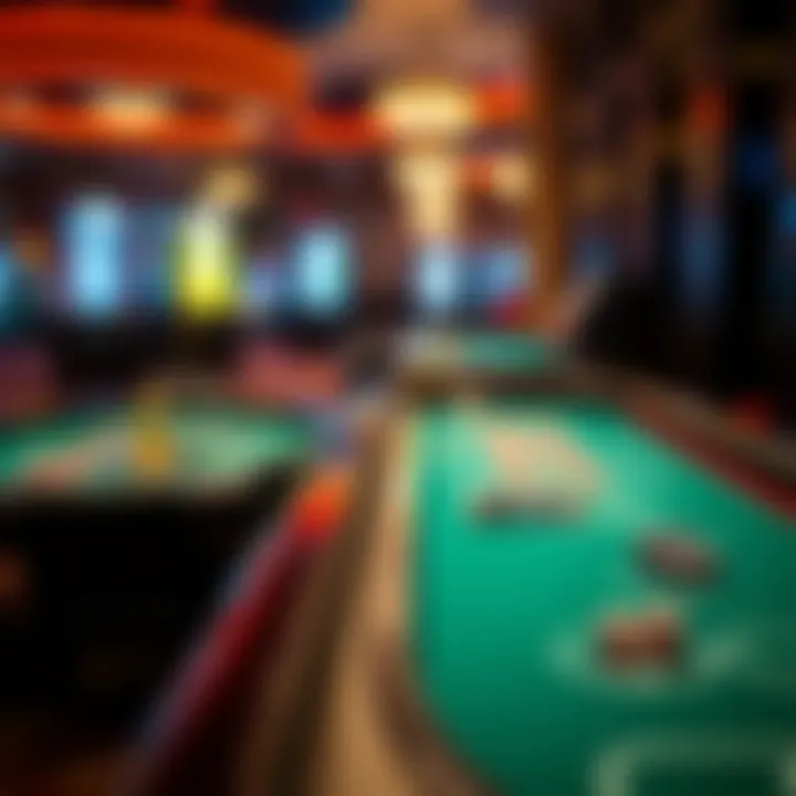 Close-up of gaming tables featuring poker and roulette