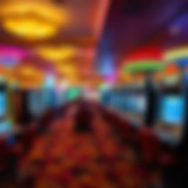 A captivating view of a casino floor filled with gaming tables and slot machines.