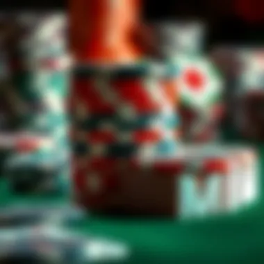 Close-up of poker chips stacked with cards