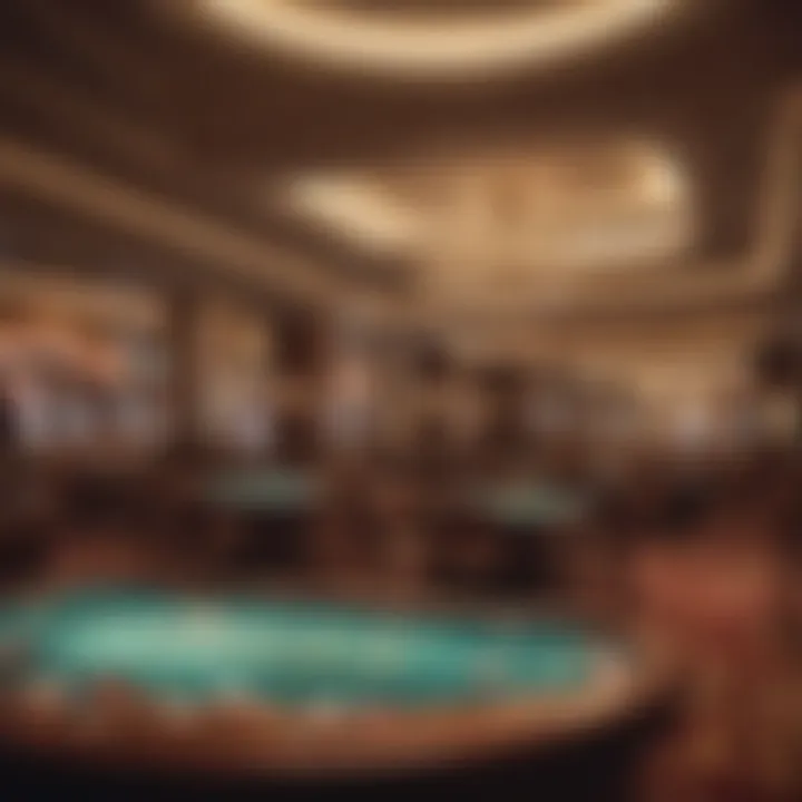 A vibrant interior of a modern casino filled with gaming tables