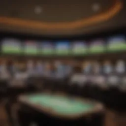 A panoramic view of Tulalip Casino's sports betting area showcasing its vibrant atmosphere.