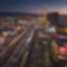 A panoramic view of the Las Vegas Strip at dusk, showcasing the illuminated skyline