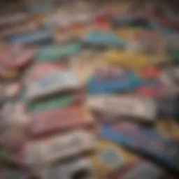Colorful array of five-dollar scratch-off lottery tickets displayed artistically