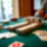 An intricate rummy card setup with colorful cards arranged strategically on a table