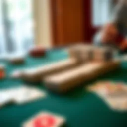 An intricate rummy card setup with colorful cards arranged strategically on a table