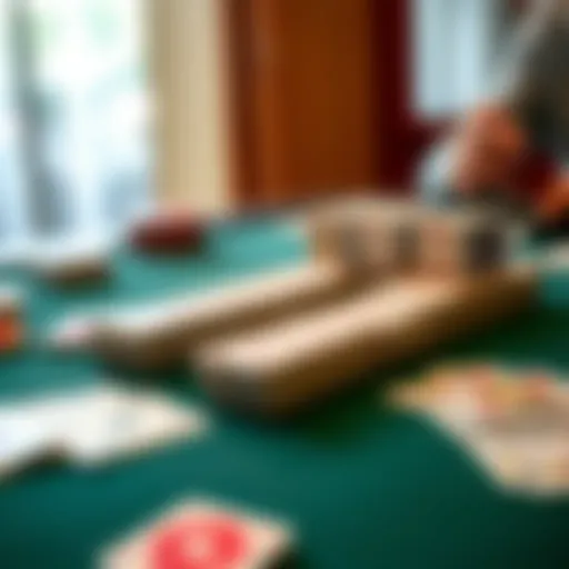 An intricate rummy card setup with colorful cards arranged strategically on a table