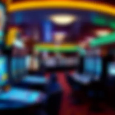 Diverse Gaming Experience Inside a Casino Interior view of a bustling gaming floor with various gaming tables